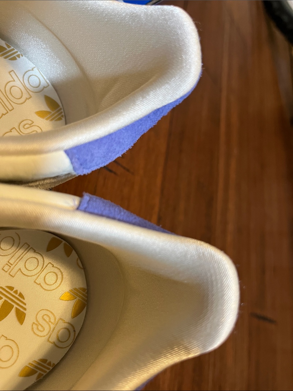 adidas womens japan White Leather Sneakers with Blue Stripes and Yellow Gum Sole - Picture 5 of 14